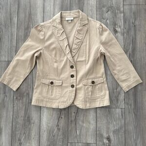 Tan and cream‎ blazer with ruffle detailing on collar and sleeves